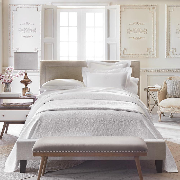 Peacock Alley Hamilton White Bedding on Bed - Fig Linens