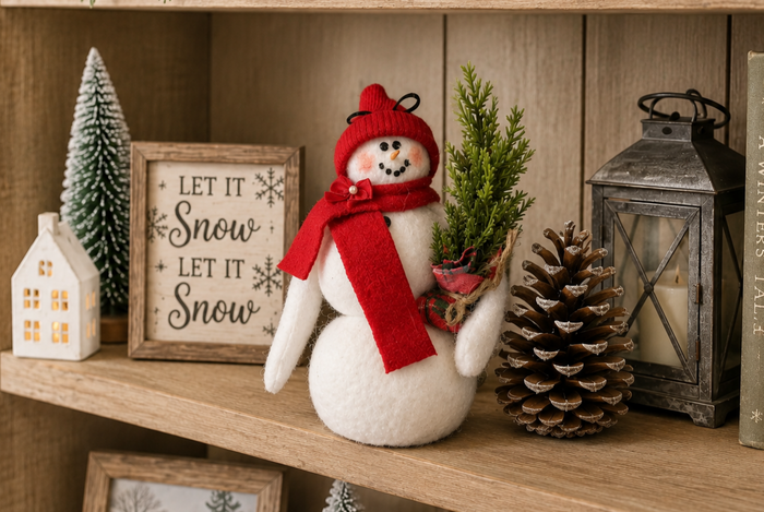 Handcrafted 10" Fabric Snowman with Evergreen Tree | Rustic Farmhouse Christmas Decor | Primitive Country Snowman | Cozy Holiday Shelf Sitter | Handmade Winter Decoration