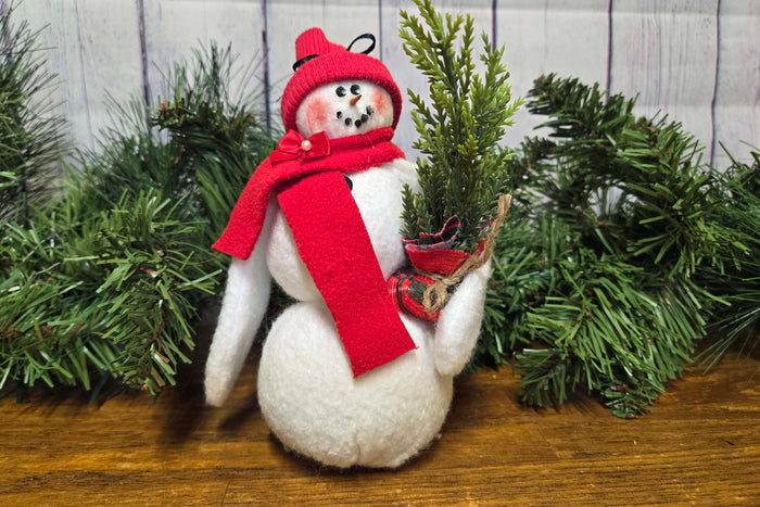 Handcrafted 10" Fabric Snowman with Evergreen Tree | Rustic Farmhouse Christmas Decor | Primitive Country Snowman | Cozy Holiday Shelf Sitter | Handmade Winter Decoration