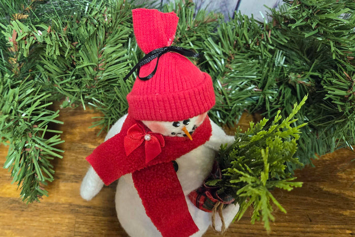 Handcrafted 10" Fabric Snowman with Evergreen Tree | Rustic Farmhouse Christmas Decor | Primitive Country Snowman | Cozy Holiday Shelf Sitter | Handmade Winter Decoration