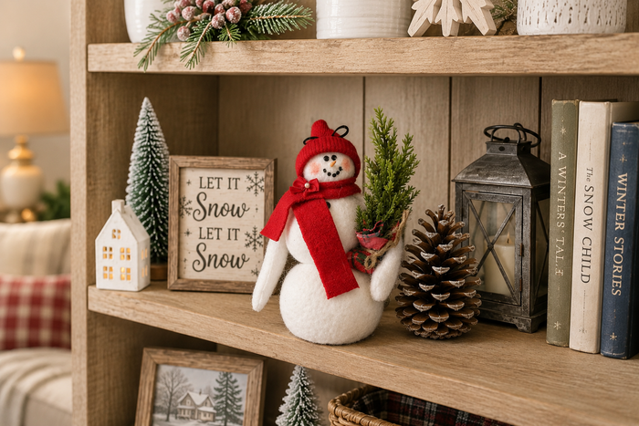 Handcrafted 10" Fabric Snowman with Evergreen Tree | Rustic Farmhouse Christmas Decor | Primitive Country Snowman | Cozy Holiday Shelf Sitter | Handmade Winter Decoration