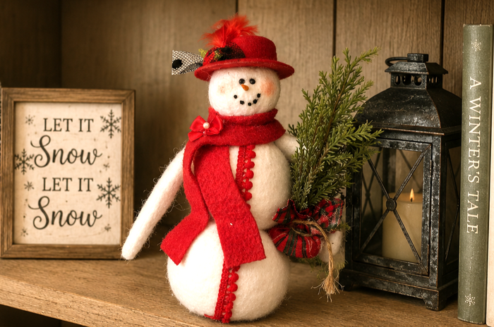 Handcrafted 10" Fabric Snowman with Red Hat | Farmhouse Christmas Decor | Rustic Shelf Sitter | Primitive Winter Decoration