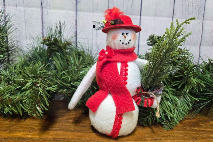 Handcrafted 10" Fabric Snowman with Red Hat | Farmhouse Christmas Decor | Rustic Shelf Sitter | Primitive Winter Decoration