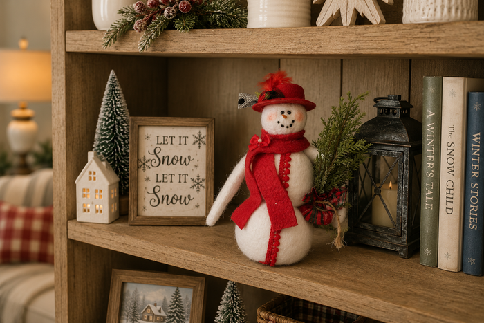 Handcrafted 10" Fabric Snowman with Red Hat | Farmhouse Christmas Decor | Rustic Shelf Sitter | Primitive Winter Decoration