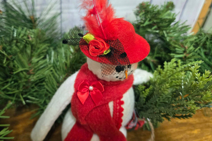 Handcrafted 10" Fabric Snowman with Red Hat | Farmhouse Christmas Decor | Rustic Shelf Sitter | Primitive Winter Decoration