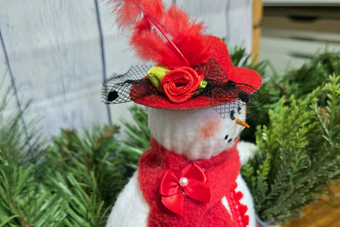 Handcrafted 10" Fabric Snowman with Red Hat | Farmhouse Christmas Decor | Rustic Shelf Sitter | Primitive Winter Decoration