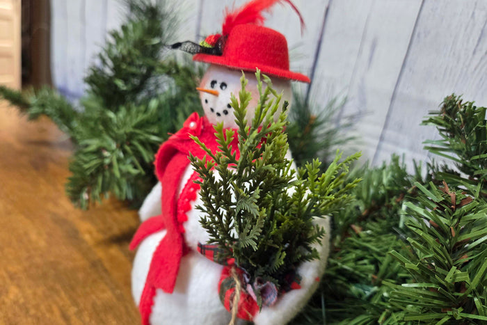 Handcrafted 10" Fabric Snowman with Red Hat | Farmhouse Christmas Decor | Rustic Shelf Sitter | Primitive Winter Decoration