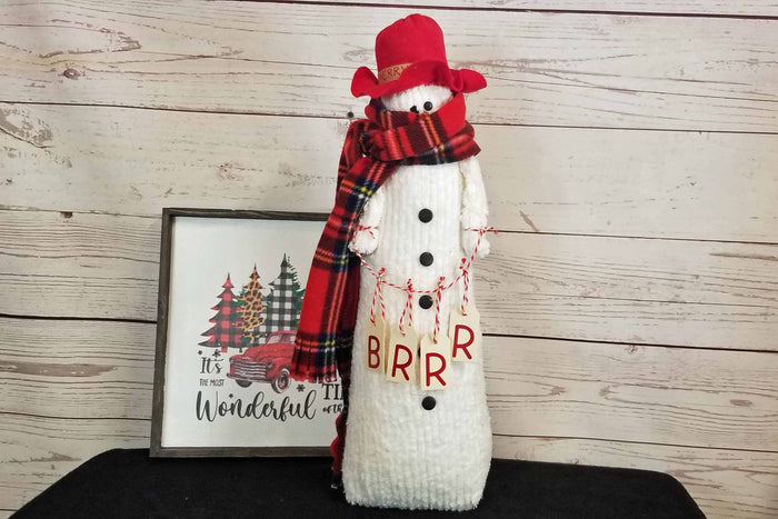 Handcrafted 22" Chenille Snowman, Primitive Farmhouse Christmas Decor, One of a Kind Holiday Snowman, Rustic Winter Shelf Decor