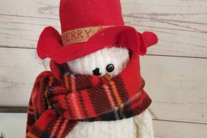 Handcrafted 22" Chenille Snowman, Primitive Farmhouse Christmas Decor, One of a Kind Holiday Snowman, Rustic Winter Shelf Decor