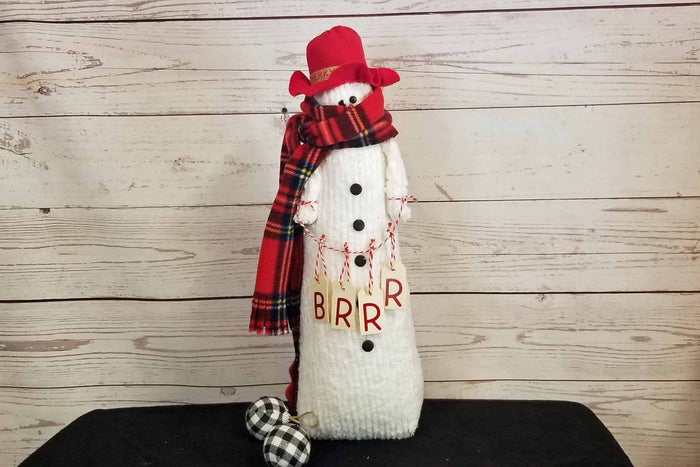 Handcrafted 22" Chenille Snowman, Primitive Farmhouse Christmas Decor, One of a Kind Holiday Snowman, Rustic Winter Shelf Decor