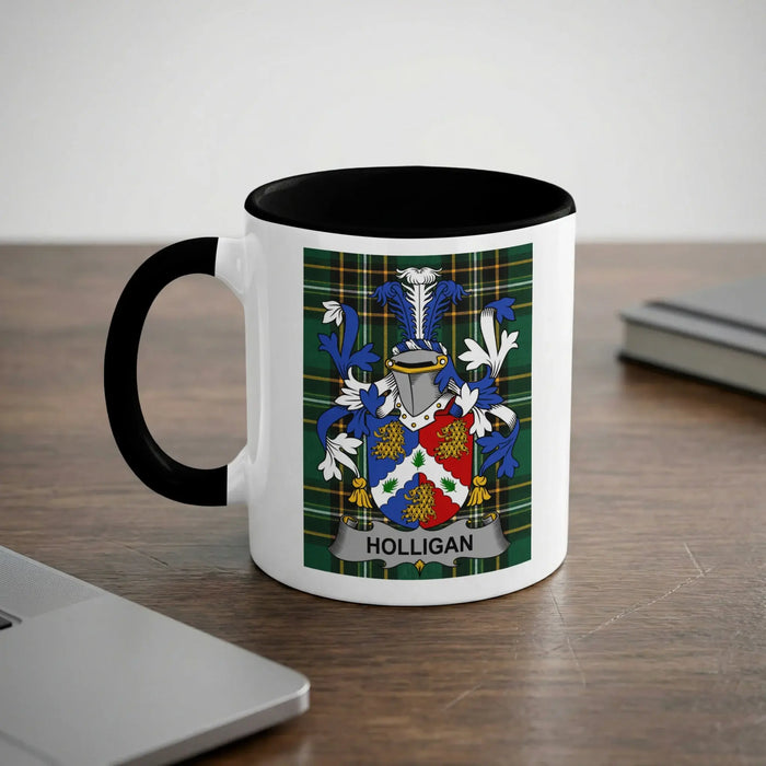 Mug with black rim, featuring the Holligan family crest.