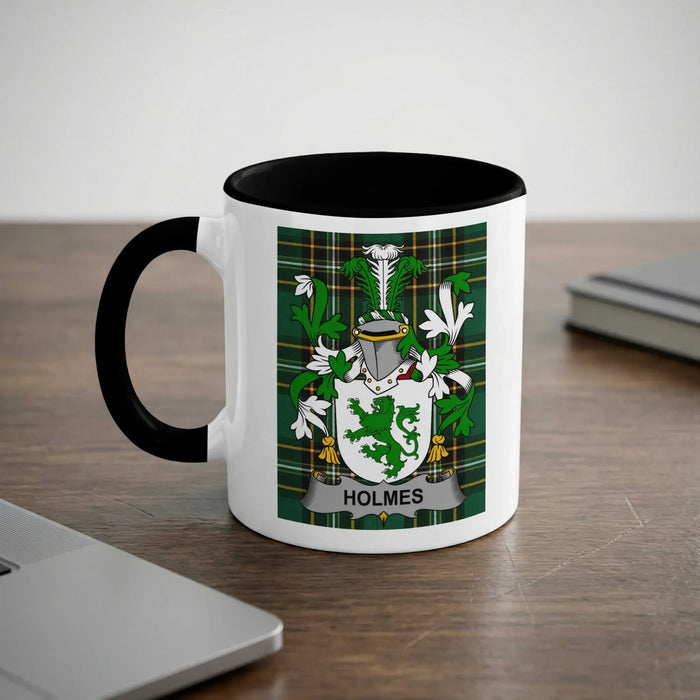 Holmes Irish heritage mug with black handle and family crest