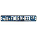 Vintage-inspired Jeep "FOUR WHEEL DR" street tin sign in blue with white lettering and Jeep grille design.