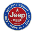 Round embossed tin sign with Jeep logo in red and blue, symbolizing superior quality and original style.