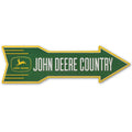 Green and yellow arrow-shaped metal sign with the John Deere logo and the words "John Deere Country".
