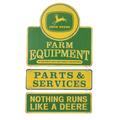 Three linked tin signs in green and yellow, displaying John Deere's logo, "Farm Equipment", "Parts & Services", and the slogan "Nothing Runs Like a Deere".