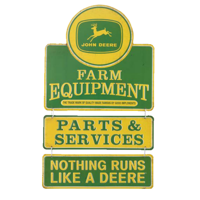 Three linked tin signs in green and yellow, displaying John Deere's logo, "Farm Equipment", "Parts & Services", and the slogan "Nothing Runs Like a Deere".