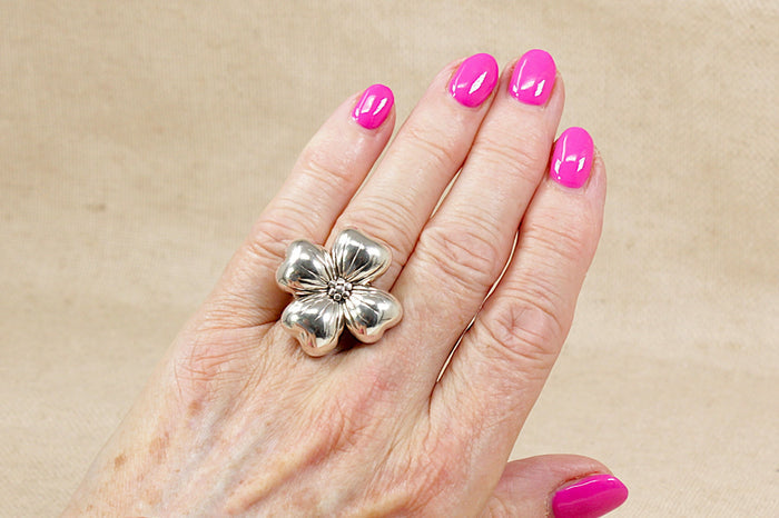 Large Sterling Silver Four-Leaf Flower Statement Ring