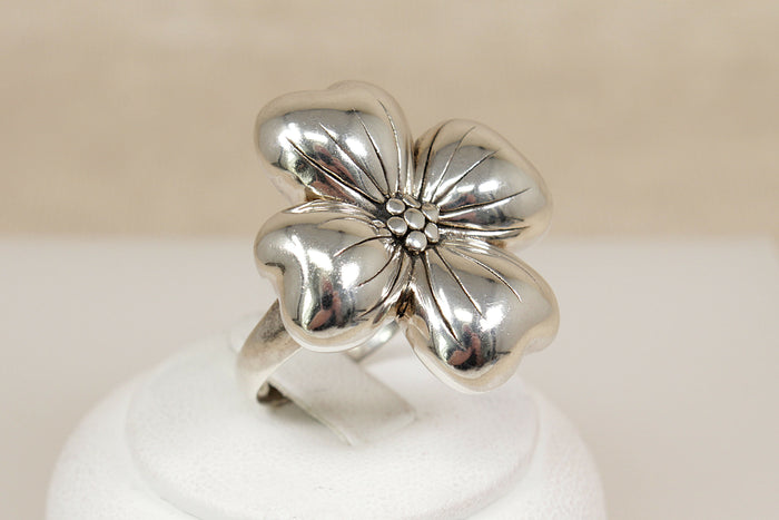 Large Sterling Silver Four-Leaf Flower Statement Ring