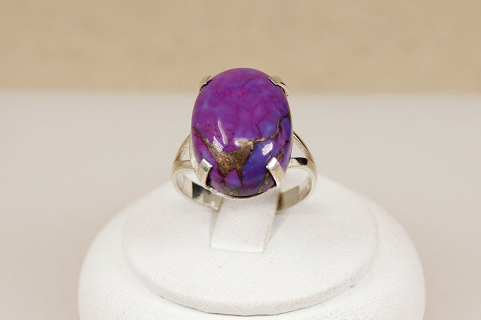Large Sterling Silver & Purple Agate Cabochon Statement Ring