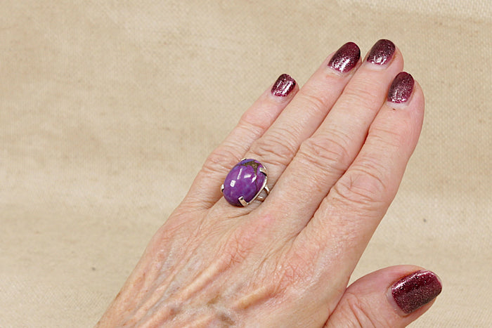 Large Sterling Silver & Purple Agate Cabochon Statement Ring