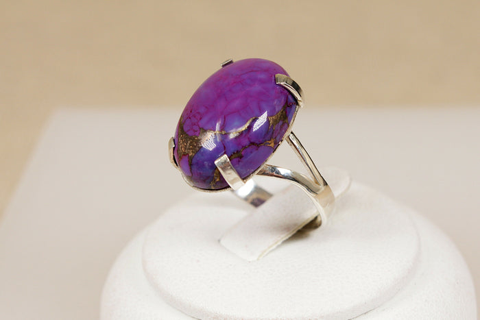 Large Sterling Silver & Purple Agate Cabochon Statement Ring