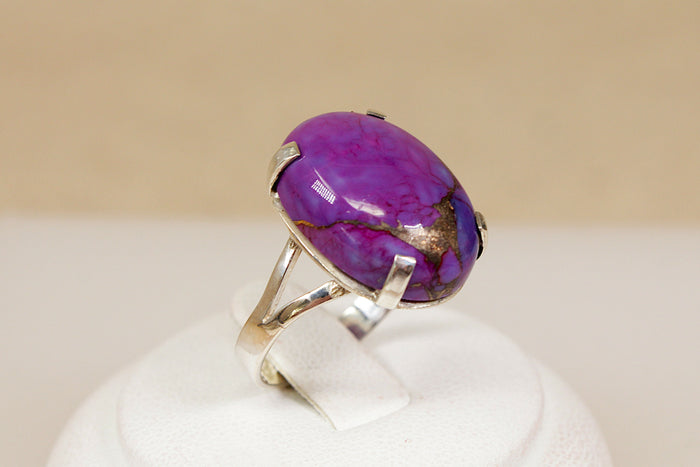 Large Sterling Silver & Purple Agate Cabochon Statement Ring