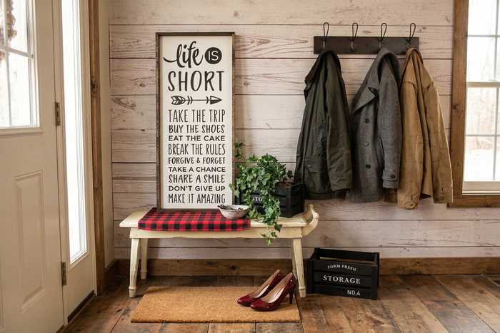 Life Is Short Wood Sign, Large Farmhouse Wall Decor, Rustic Framed Quote, Take The Trip Buy The Shoes, Inspirational New Home Gift