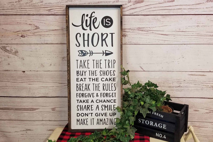 Life Is Short Wood Sign, Large Farmhouse Wall Decor, Rustic Framed Quote, Take The Trip Buy The Shoes, Inspirational New Home Gift