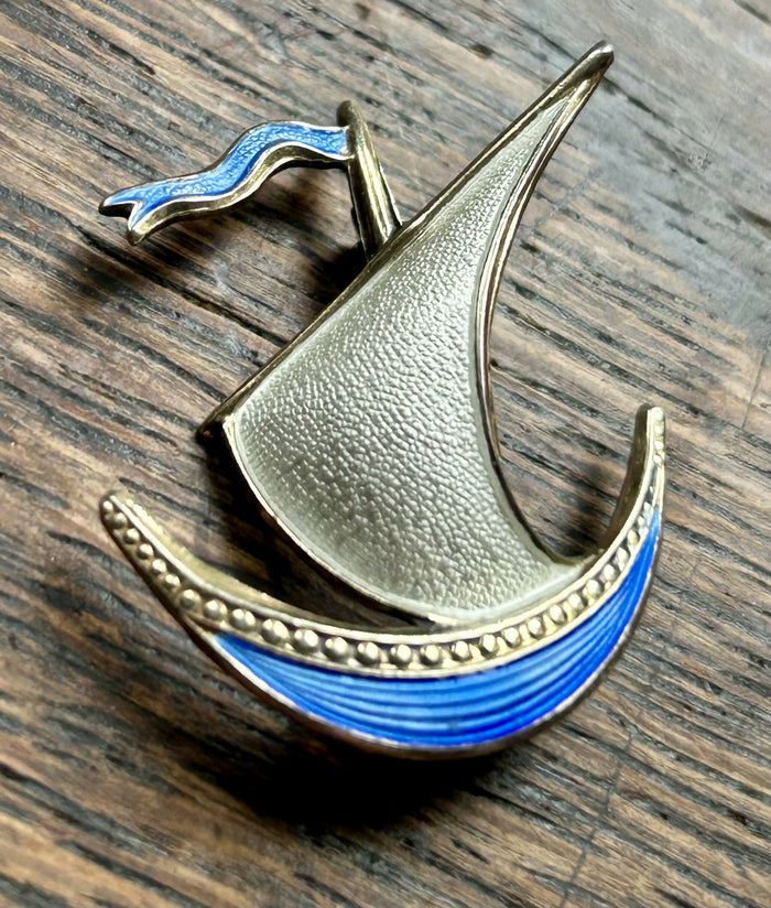 Modern Mid Century Norwegian Sterling Silver Ivar T Holth Enamel Viking Ship Brooch
