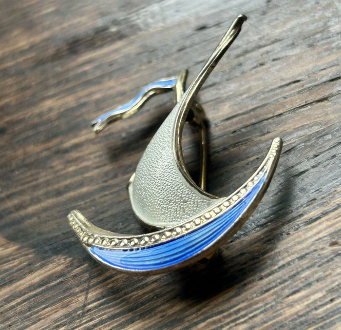 Modern Mid Century Norwegian Sterling Silver Ivar T Holth Enamel Viking Ship Brooch