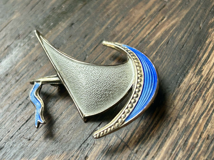 Modern Mid Century Norwegian Sterling Silver Ivar T Holth Enamel Viking Ship Brooch