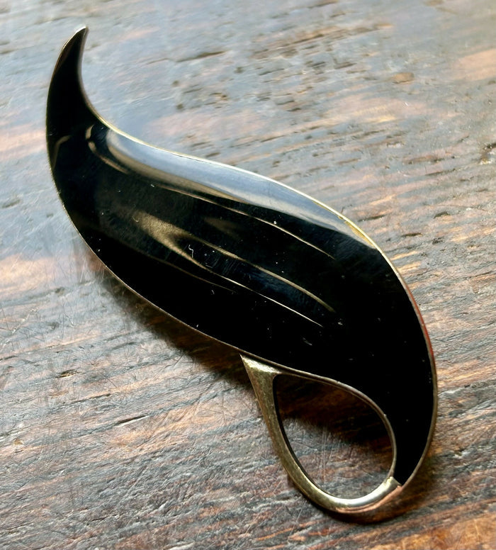 Modern Mid Century Sterling Silver Finn Jensen Cherry Black Enamel Swirl Brooch