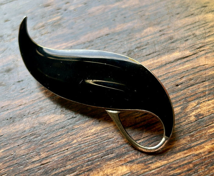 Modern Mid Century Sterling Silver Finn Jensen Cherry Black Enamel Swirl Brooch