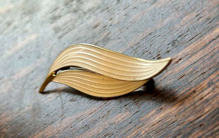 Modern Mid Century Sterling Silver Gilt Aksel Holmsen Snowdrop White Enamel Double Leaf Brooch