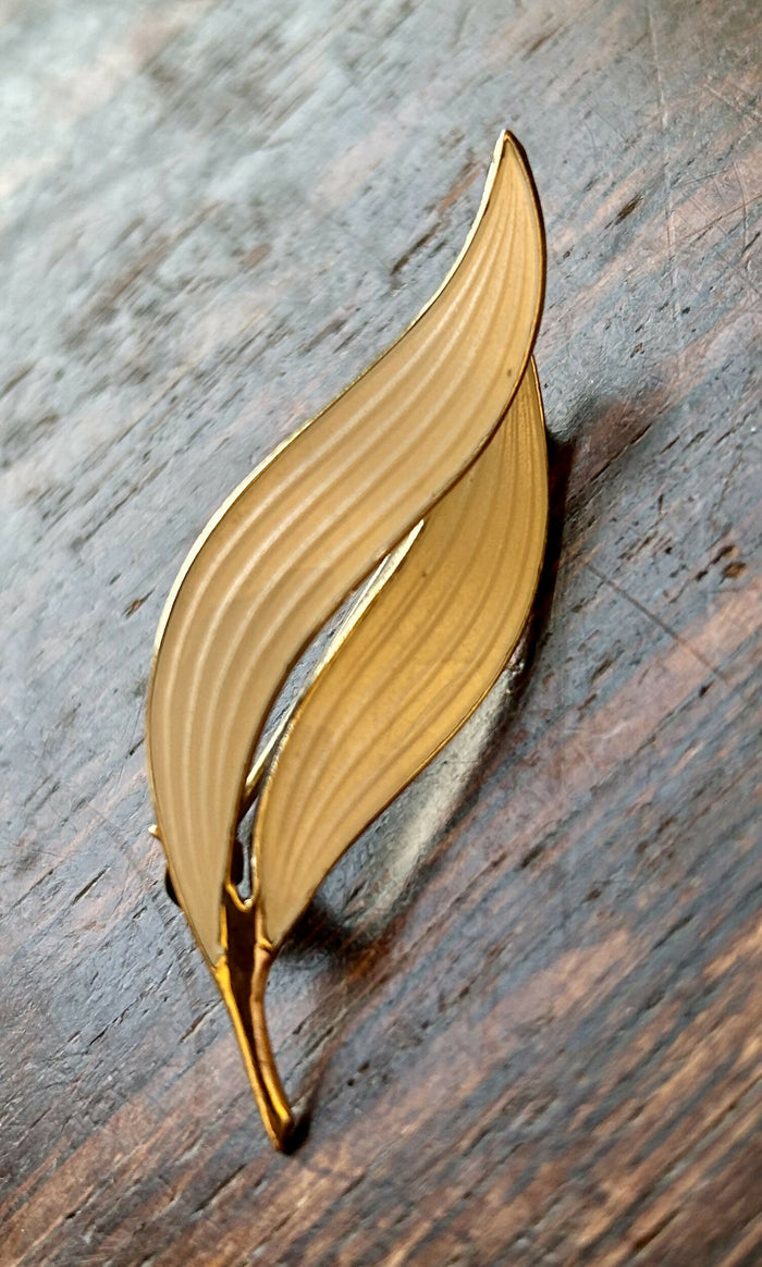 Modern Mid Century Sterling Silver Gilt Aksel Holmsen Snowdrop White Enamel Double Leaf Brooch