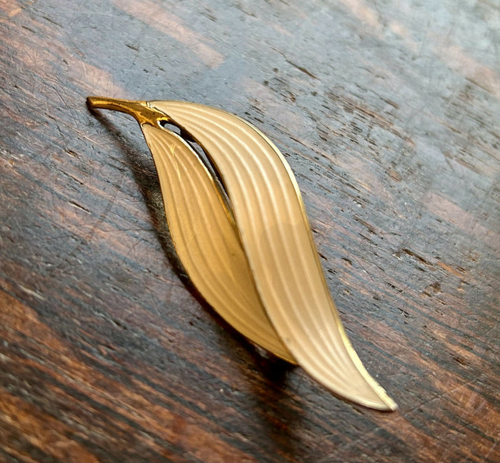 Modern Mid Century Sterling Silver Gilt Aksel Holmsen Snowdrop White Enamel Double Leaf Brooch