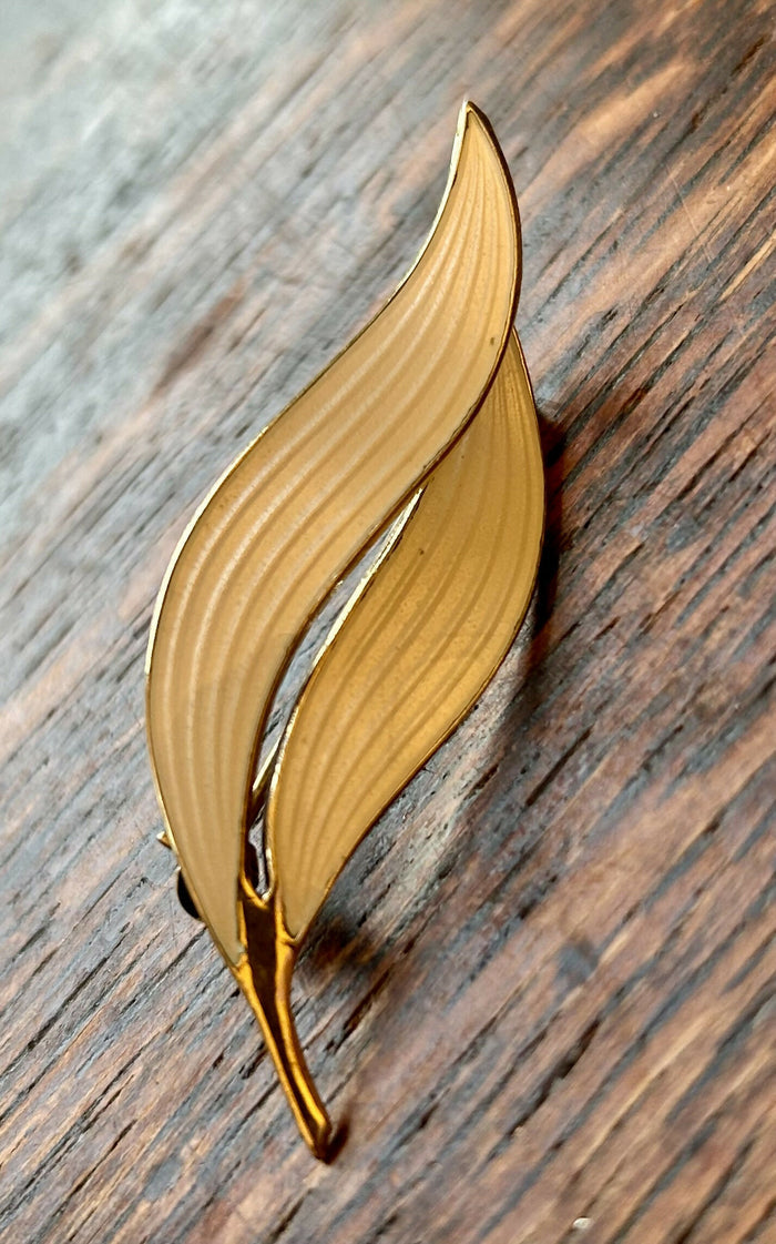 Modern Mid Century Sterling Silver Gilt Aksel Holmsen Snowdrop White Enamel Double Leaf Brooch
