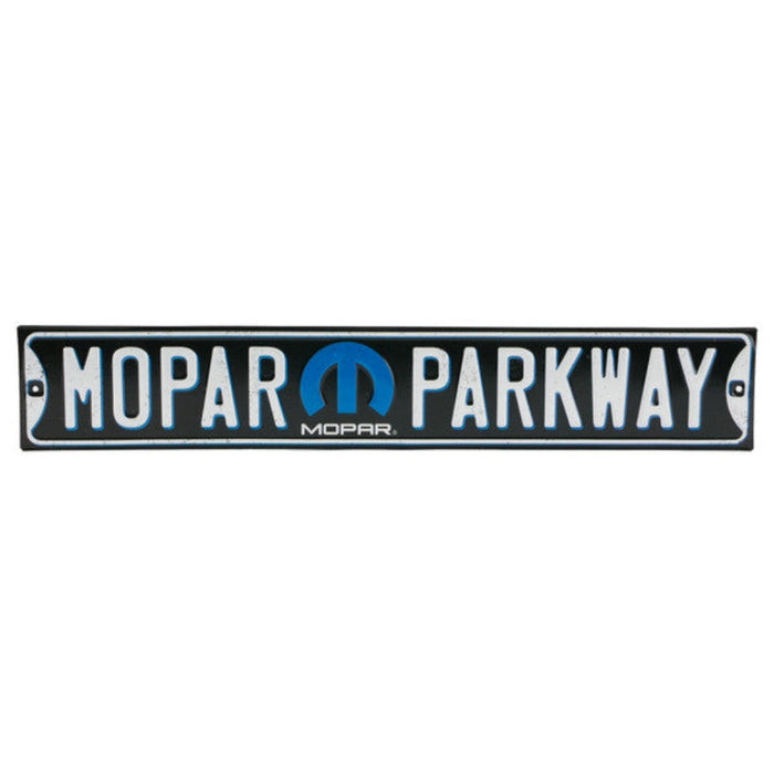 "Mopar Parkway" embossed metal street sign featuring the Mopar logo in blue and white color scheme.