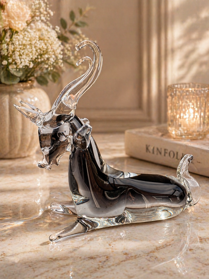 Murano Black and Clear Art Glass Large Goat Figurine