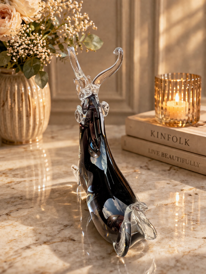 Murano Black and Clear Art Glass Large Goat Figurine