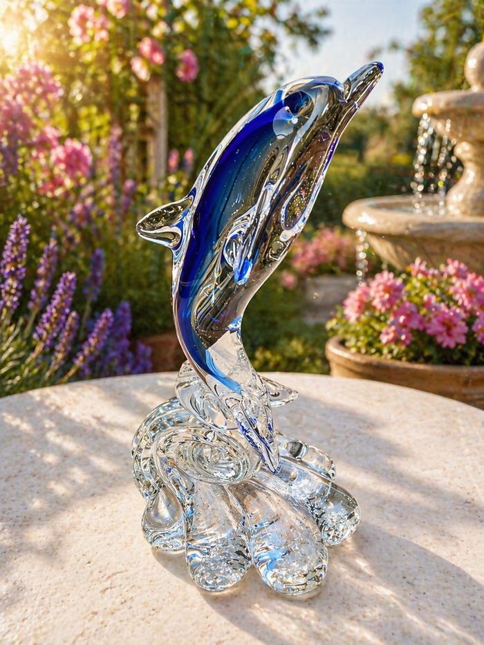Murano Blue Art Glass Dolphin Figurine on Wave Base