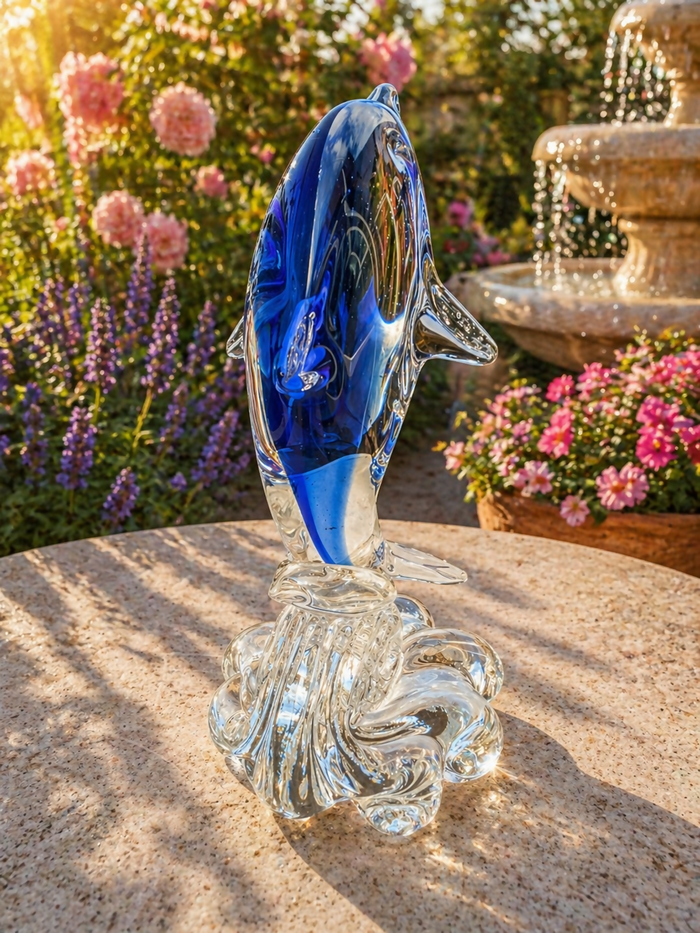 Murano Blue Art Glass Dolphin Figurine on Wave Base