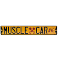 Vintage-style "Muscle Car Ave" tin sign with checkered flags and bold lettering.