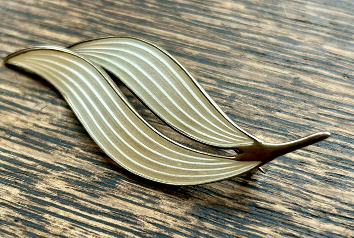 Norwegian Aksel Holmsen Silver Gilt Snowdrop White Enamel Leaf Brooch