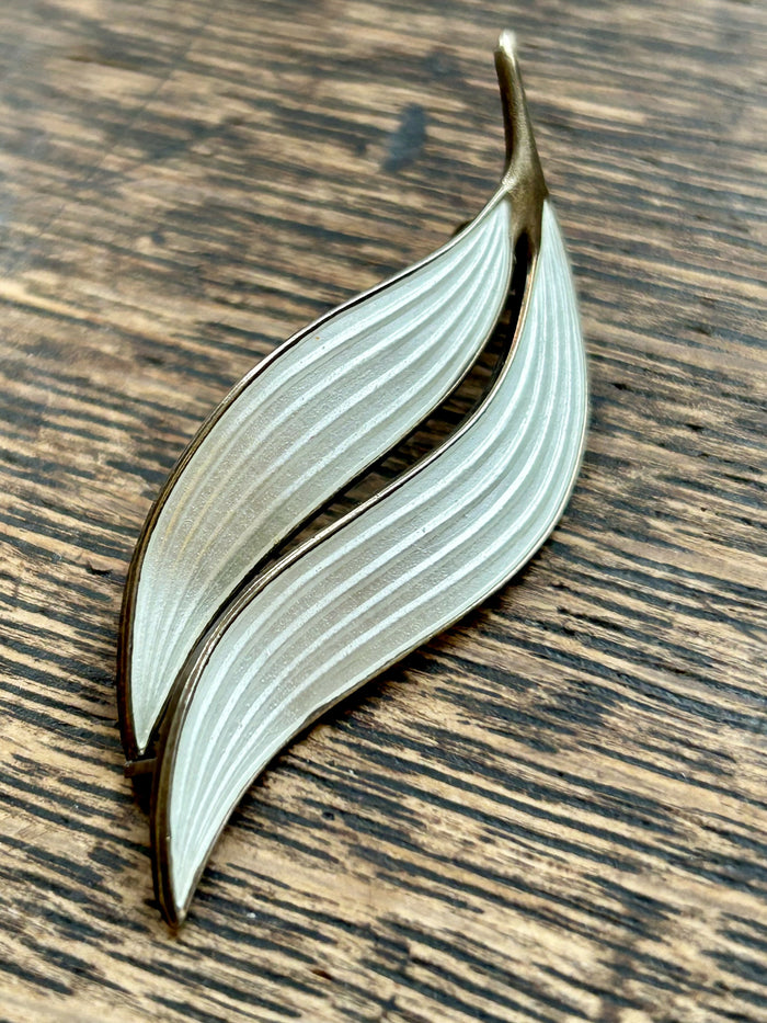 Norwegian Aksel Holmsen Silver Gilt Snowdrop White Enamel Leaf Brooch