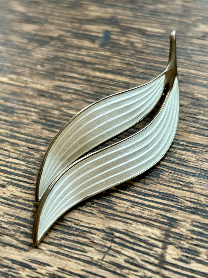 Norwegian Aksel Holmsen Silver Gilt Snowdrop White Enamel Leaf Brooch