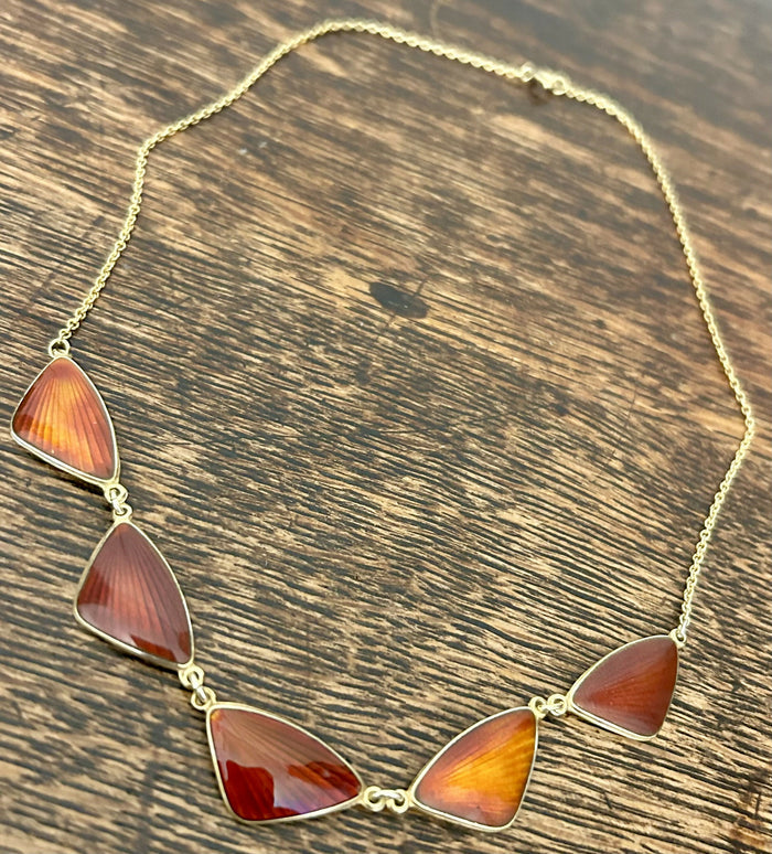 Norwegian Hans Christian Ostrem Sterling Silver Gilt Ox Blood Red & Burnt Orange Enamel Necklace