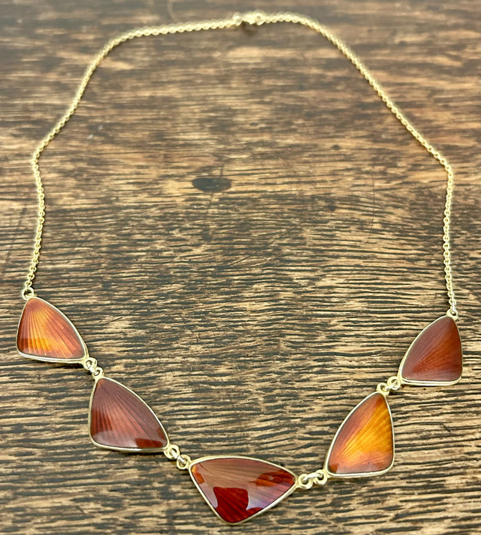 Norwegian Hans Christian Ostrem Sterling Silver Gilt Ox Blood Red & Burnt Orange Enamel Necklace