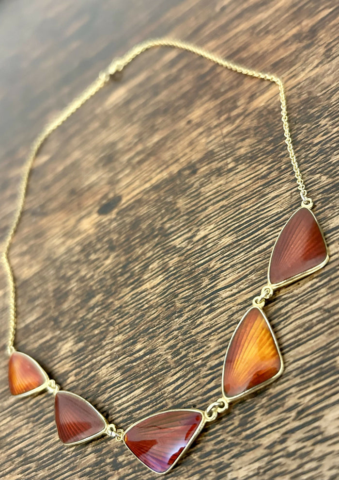 Norwegian Hans Christian Ostrem Sterling Silver Gilt Ox Blood Red & Burnt Orange Enamel Necklace